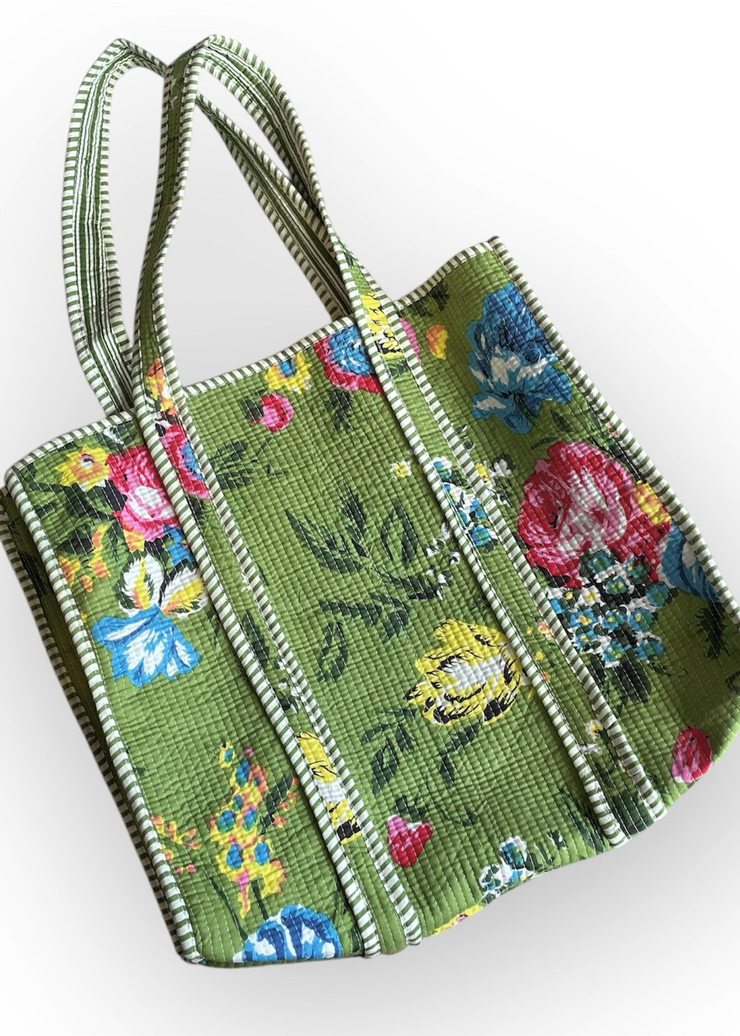 Quilted Tote Bag - Green Flowers