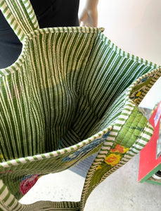 Quilted Tote Bag - Green Flowers
