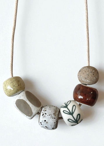 Ceramic Beaded Necklace - Mustard Oval/Green Leaves