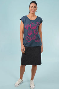 Bobby Top - Blue/Cerise, Woodcut Floral