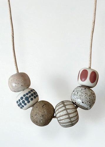 Ceramic Beaded Necklace - Red Oval/Blue Dots