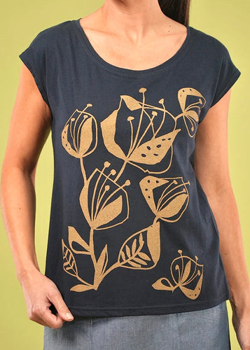Bobby Top - Navy/Lark, Woodcut Floral