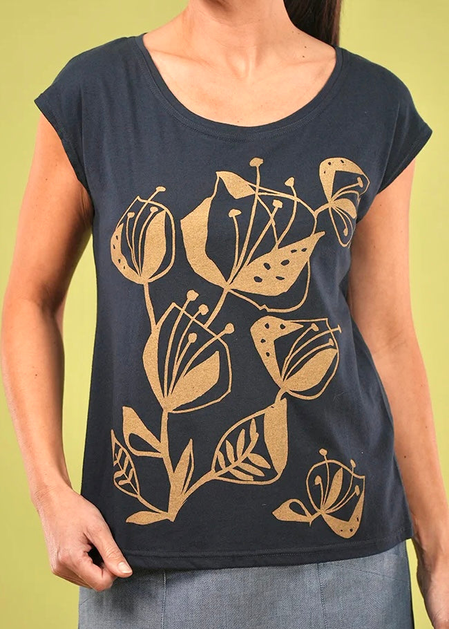 Bobby Top - Navy/Lark, Woodcut Floral