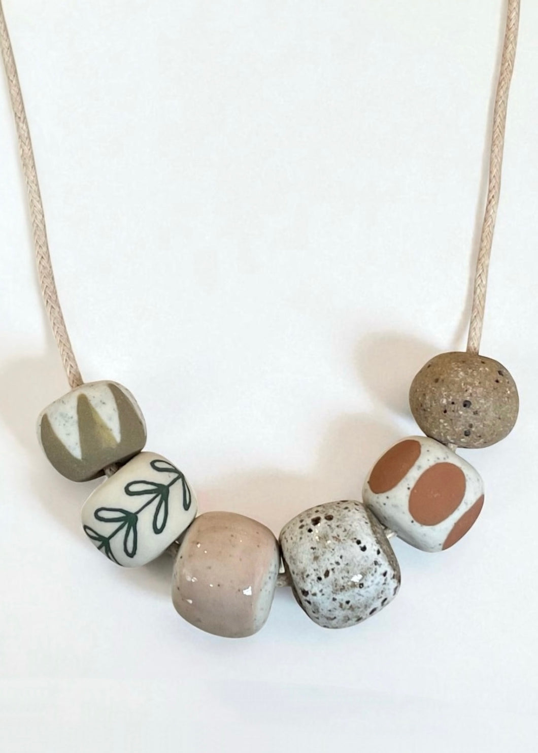 Ceramic Beaded Necklace - Ochre Oval/Green Leaves