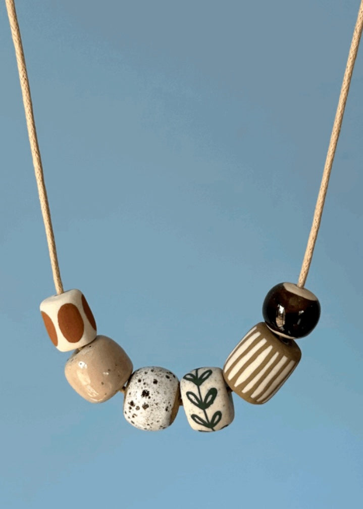 Ceramic Beaded Necklace -Burg Oval/Green Petal