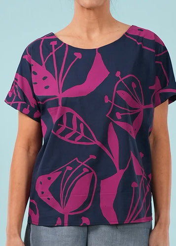 Bella Top - Woodcut Floral, Cerise/Navy