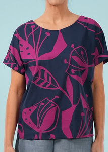 Bella Top - Woodcut Floral, Cerise/Navy