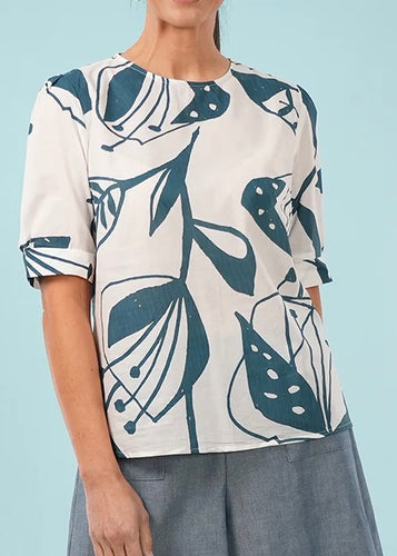 Martha Top - Blue/Off White, Woodcut Floral