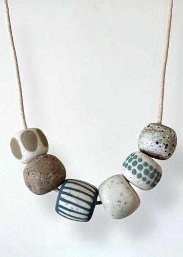 Ceramic Beaded Necklace - Mustard Oval/Blue Dots