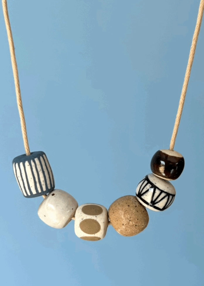 Ceramic Beaded Necklace - Blue Stripe/Mustard Oval