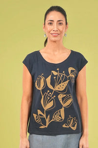 Bobby Top - Navy/Lark, Woodcut Floral
