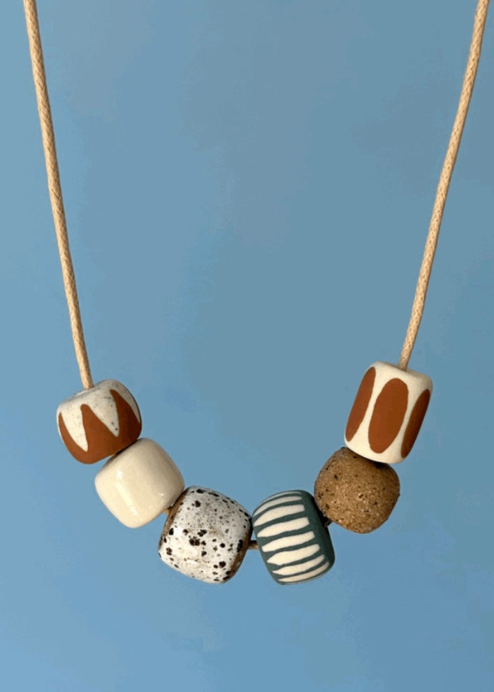 Ceramic Beaded Necklace - Rust ZigZag/Speckle