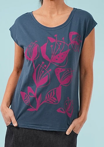 Bobby Top - Blue/Cerise, Woodcut Floral