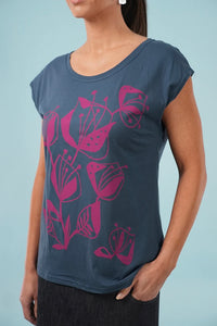 Bobby Top - Blue/Cerise, Woodcut Floral