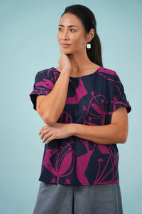Bella Top - Woodcut Floral, Cerise/Navy