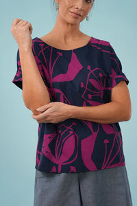 Bella Top - Woodcut Floral, Cerise/Navy