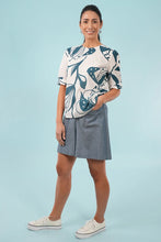 Load image into Gallery viewer, Martha Top - Blue/Off White, Woodcut Floral