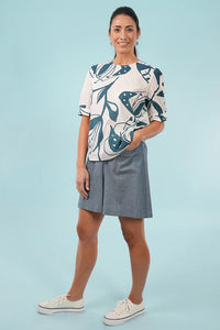 Martha Top - Blue/Off White, Woodcut Floral